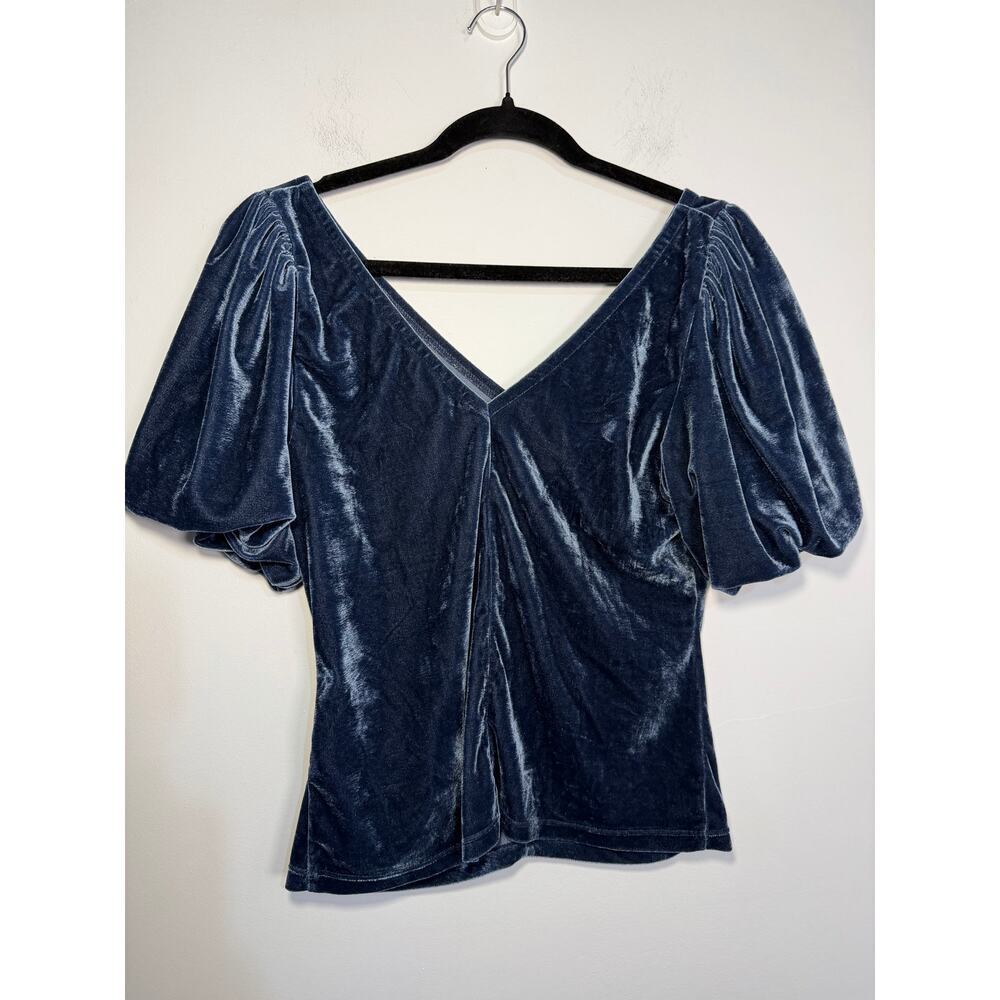 Free People Cupcake Velvet Top Size Large Outerspace Blue Ruched Puff Sleeve - Picture 5 of 6